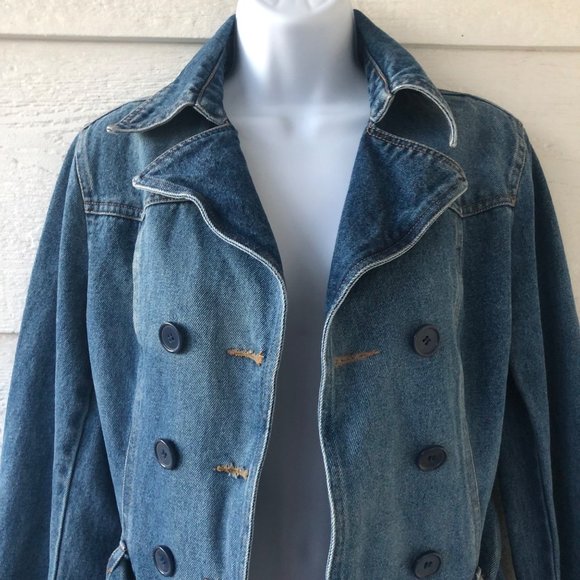 Rampage Size Med Vintage Double Breasted Belted Blue Denim Jacket with Pockets - Picture 2 of 16